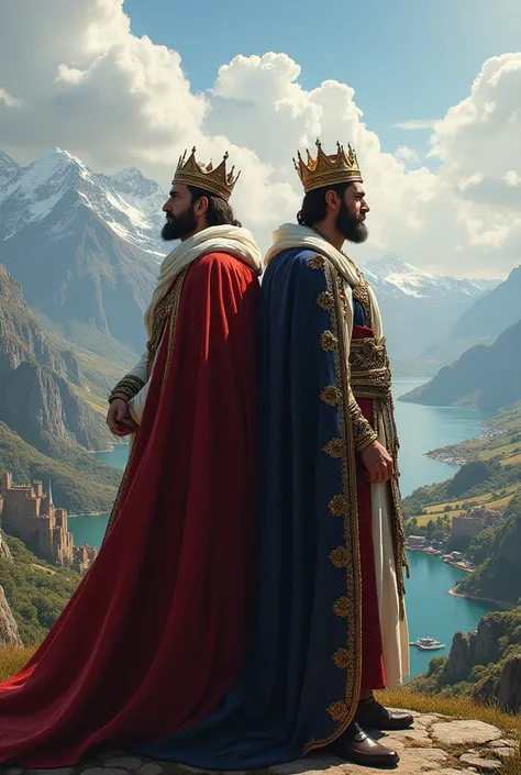 1. King Edward and King Victor standing back-to-back, looking out at their respective kingdoms.