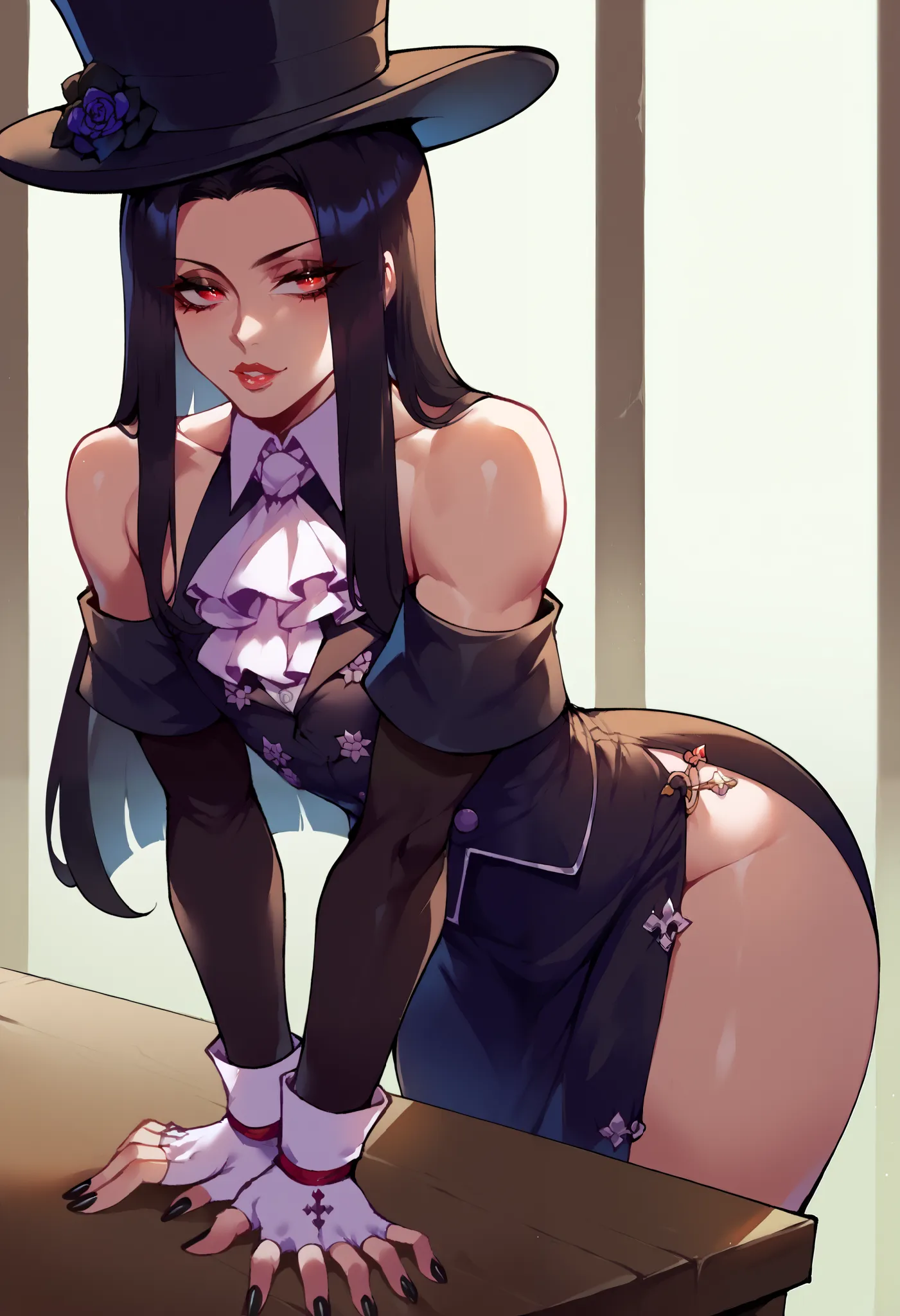 (score_9, score_8_up, seductive face, seductive expression, tall), bent over table, ggtestament formal, androgynous male, black ...