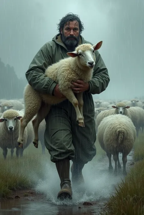 Shepherd wearing a waterproof suit and rubber boots carries his sheep in a storm with wind and rain