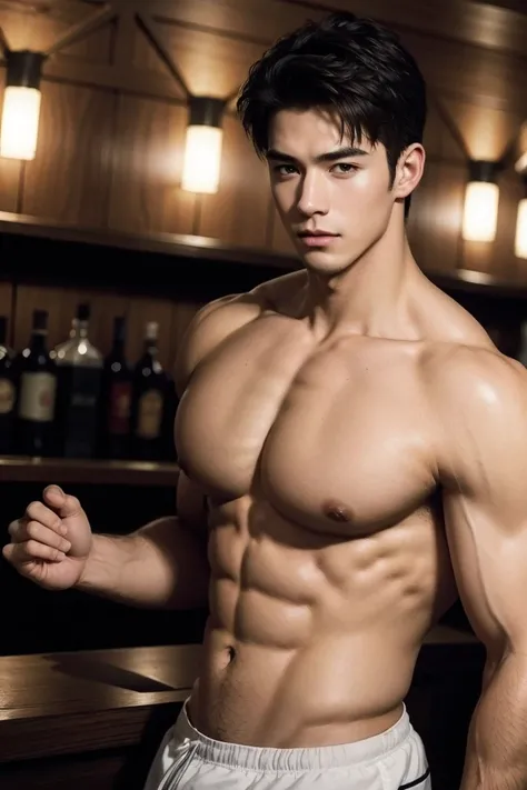    Dim Light   ，in the bar，2 handsome  ,   sexy and handsome boys， plump breasts ， Abdominal muscles，short hair，masterpiece