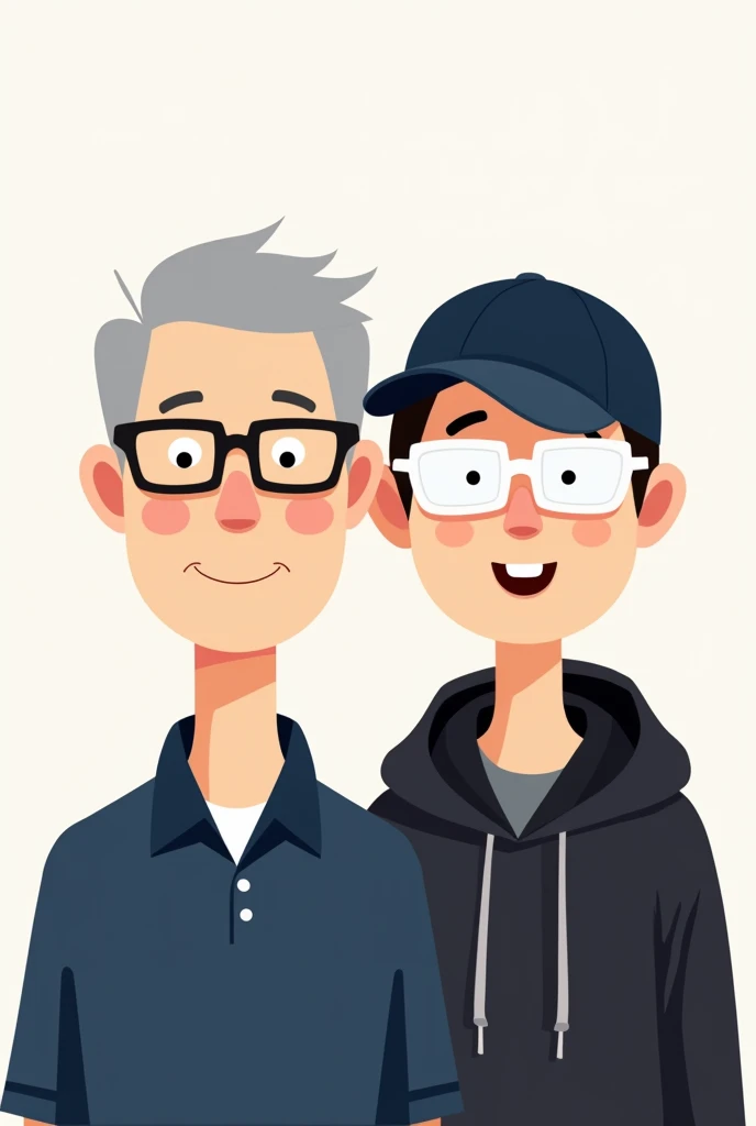  A short-haired gray-haired senior man with black rimmed square glasses is a man wearing a navy blue polo shirt,A slightly large man in the middle wearing a navy blue hat cap, white square glasses, and a black hoodie,Logo illustration with 2 people side by...