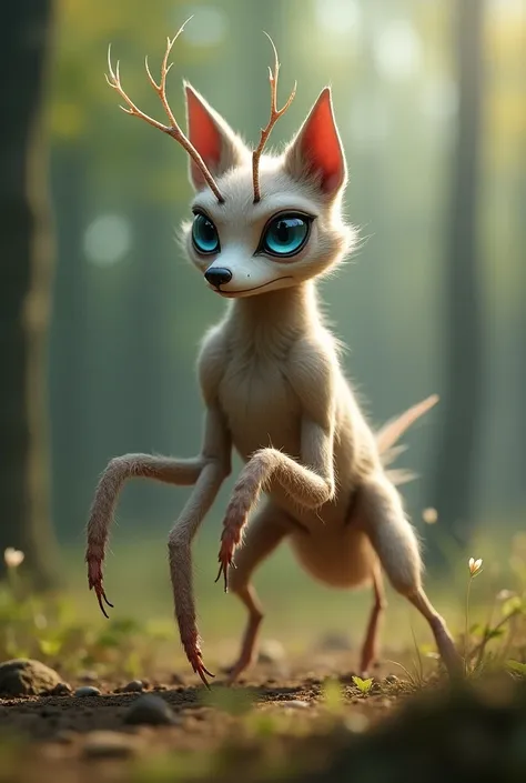 "A unique hybrid creature combining the features of a  mantis and a husky, set in a natural forest clearing illuminated by soft sunlight. The creature has the sleek, furry body of a husky, complete with its thick coat and piercing blue eyes, seamlessly mer...