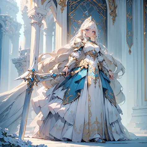 (((masterpiece, best quality, high detailed, 16k))) (1girl) A majestically regal young woman with long, flowing platinum blonde hair and piercing blue eyes. She wears a pristine white and gold armor with a towering crown, holding a large, ornate sword. Her...