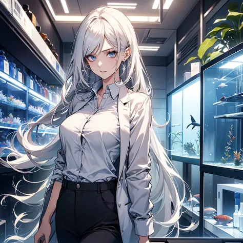 !!1 women!!, ((solo)), very long hair , white hair, dark blue eyes, trousers, white shirt, modern fashion outfit, professor appearance, medical, researcher, research institute, laboratory, office, handsome women, boobs, tits, look aquarium, front, side, ba...