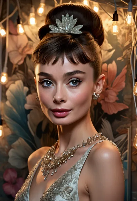 modelshoot style, audrey hepburn, (extremely detailed 8k wallpaper), playboy centerfold, Tim Okamura and Marco Mazzoni and Yoann Lossel, Vogue, digital painting, photorealism, evocative, fairy lights, pastel palette, Intricate detail, digital art, cgsociet...