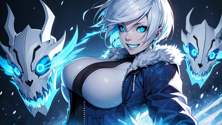 Sans Blue Jacket Black Shirt Fire Eyes Skull Smile Long Lashes White Short Hair Luminous Face Blue Dragon Skull Cannon One Person Standing In Snow Town Femininefull Super huge big breasts breast enlargement full-body shot ultra-detailed, HDR, vibrant color...