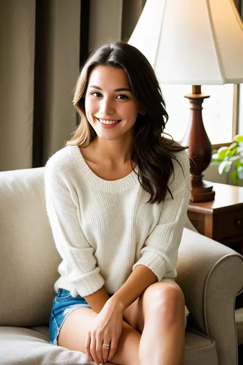 A beautiful , innocent smile,  sitting on the couch , legs crossed, Lamp light  