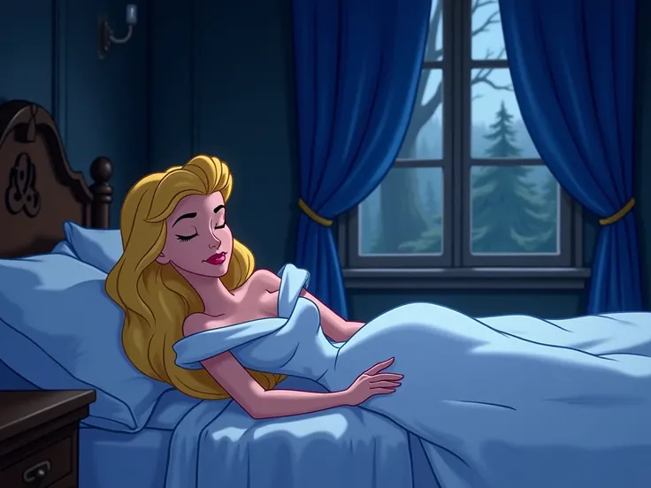  Sleeping beauty blonde in a white dress is sleeping on a bed in a castle room. Blue curtains hang on the castle window. Her eyes are closed. Sleeping Beauty is lying on her right side. Her head is on the left side of picture. It&#39;s night outside. Dark ...