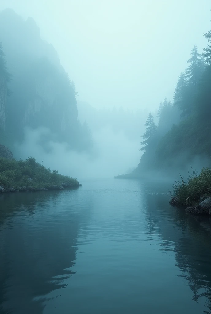 A dreamy misty place with water in center like a river at night 9:16 ratio
More space needed for that river