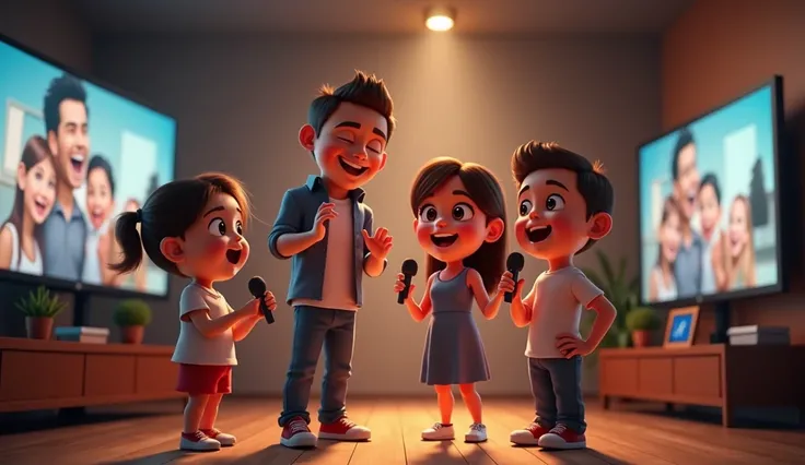 dad, Mom, Two ren ,  sit singing karaoke in the apartment lobby at night,  with television screens , 3d chibi animation style