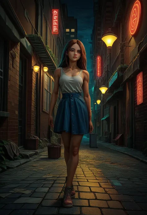 score_9, score_8_up, score_7_up, (RAW photo, realistic photo, high quality, masterpiece), neon street at night, mysterious atmosphere, long hair young woman walking in alley, building, lamp post, ((neon advertises street)), white spot light at the end of a...