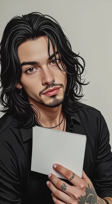 " Portrait of a man with long black hair , loose and parted in the middle ,  confident expression and light smile .  He has a thin beard and goatee ,  piercings on his nose and lower lip .  His skin is clear and his eyes are expressive .  He is wearing a b...