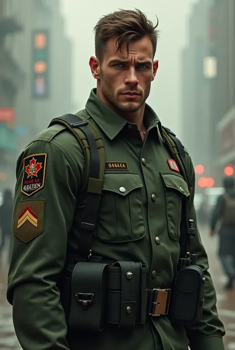 6’5 fit less brown—haired green eyes without beard a canadian man wears military uniform 27 years old muscular body on mission