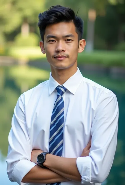 a young man in a tie standing in front of  water, shirt, black hair, white shirt, outdoors, necktie, day, striped, collared shirt, pants, bracelet, blue necktie, striped necktie