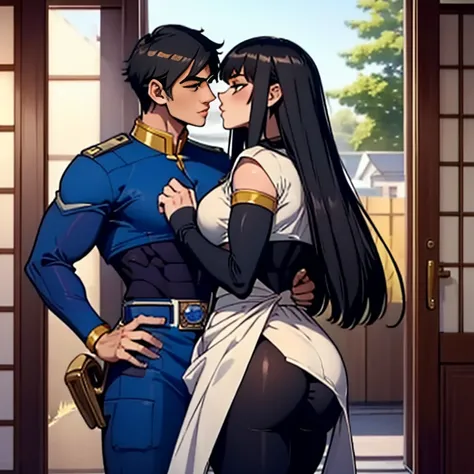 (  best quality ),Backstreets,    Japanese , Beautiful Young Prince Handsome  ,   shining Sentai hero suit , 18 years old,   Toned and Muscular  ,   with a cool and handsome face  ,, Tall, Long Hair,  long bangs ,Sentai Hero receives a kiss from a sexy wom...