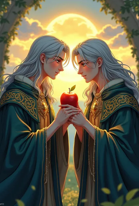 Twins males with gray hair wearing celtic clothes and eating a gold apple (anime) 