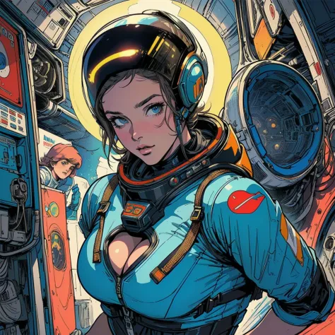 ((( Best Quality Masterpiece ))),(Lonely Goddess),(spacesuit that emphasizes cleavage ),((( 70s and 80s space thriller movie posters))),( American Comics ),((( retro vintage style ))),Overwhelmingly complex depiction,Absolute machine group background, futu...