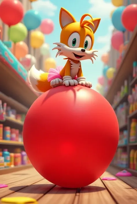 Tails the Fox sits on a big red balloon like a space hopper, his hands on the balloons knot and wears a pink tutu at the birthday party shop. Tails farts on the balloon. SEGA Video Game