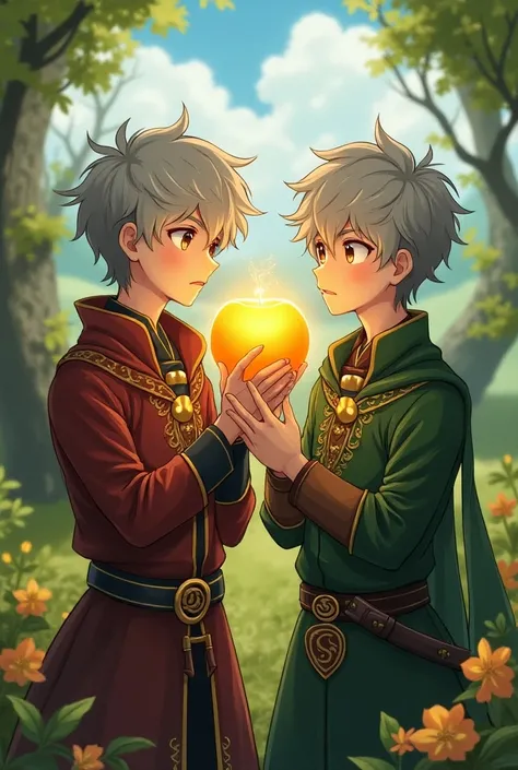 Twins males with gray hair (short hair) wearing celtic clothes and eating a gold apple (anime) 