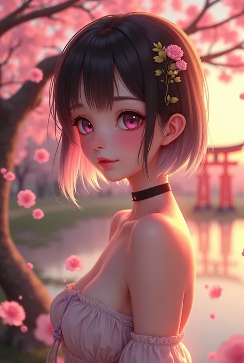 best quality, ultra high res, (photorealistic:1.4), 1girl, nude, small breast,pink nipples, black choker, smile, bare shoulders, solo focus, looking at viewer,fair skin,sunset,cherry tree,photon mapping, physically-based rendering, RAW photo, highly detail...