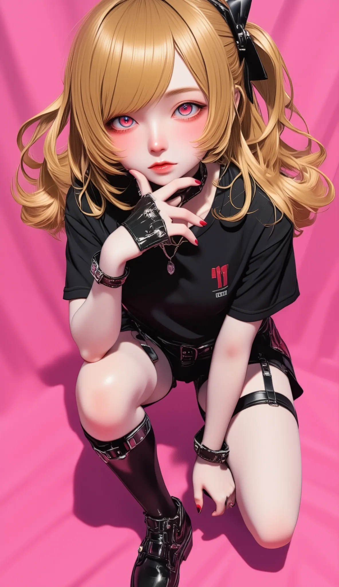  RAW photos from the last century 、Realistic、 best quality、masterpiece、B  pink background. black and white,   golden striped hair ,  super cute girl, red eyes. Squat,   gothic t-shirt  ,   Gothic Shorts  ,   black boots,  tsundere sister , ring ,   pink ba...