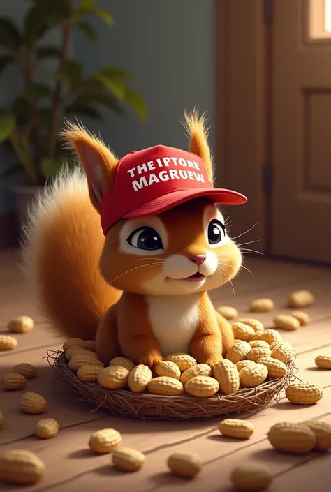 peanut the squirell with a maga hat is lying down on the floor full of peanuts surrounded it