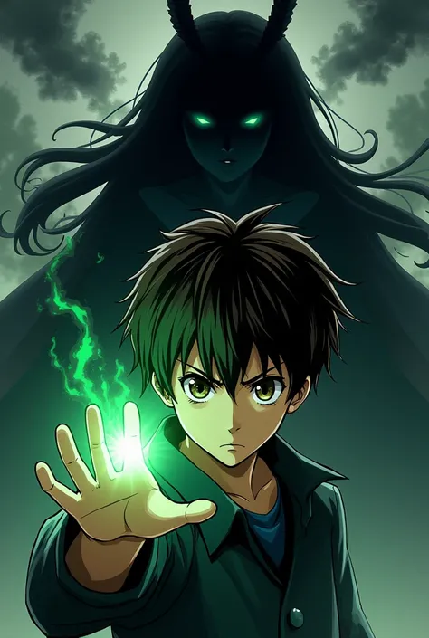 Manga fantasy photo cover,  boy with brown-black hair, in his right hand holding a mystery dark-green glowing light. And he was looking at it. The girl with long twin tale hair is behind his back and she is represented as a big shadow. She turned against t...