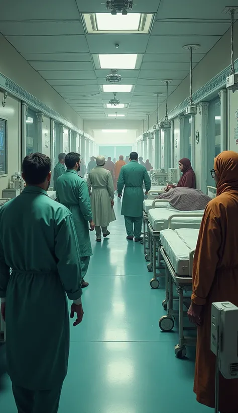 A large hospital in Iran bustling with activity during a time of conflict. The scene shows doctors and nurses in traditional Iranian attire urgently treating injured soldiers and civilians in a modern medical facility. The hospital is equipped with advance...