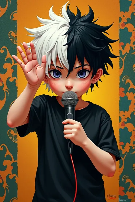 create an image of a boy with half white and half black hair with a microphone and raising his elegant and annoying hand stepping on a Janeiro