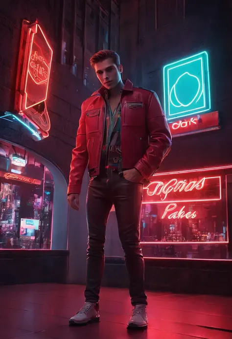 A neon street at night, with a lone figure standing under a bright red sign that reads "OPEN". The figure is dressed in a leather jacket and jeans, their face partially illuminated by the neon glow. The background shows a few neon cafes and bars with patro...