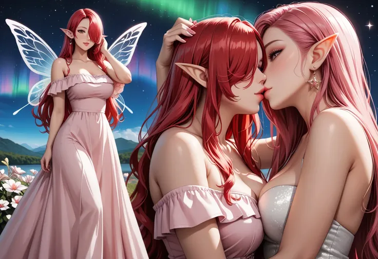 score_9, score_8_up, score_7_up, 2girls {Afemale_and_Bfemale}, Tag1: {Afemale: Adult, Mature, Curvy, Elf Woman: 1.3, (Long Red Hair over one eye: 1.6), wearing a (White Off Shoulder Sleeveless Gown and Black Stiletto High Heels: 1.3), Fairy Wings: 1.3, Bar...