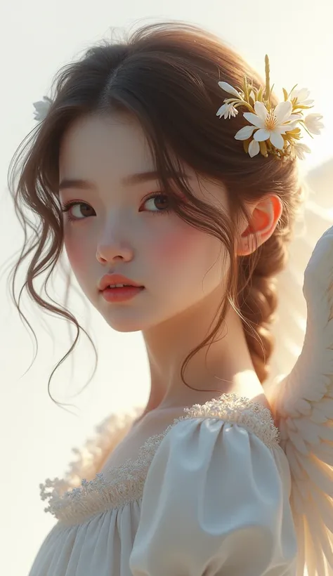 A detailed close-up of a beautiful  with angelic wings, set against a clean white background. A digital art masterpiece in the style of Marie Angel, trending on CG Society. Featuring a young, ethereal angel girl with a serene and captivating expression. Th...