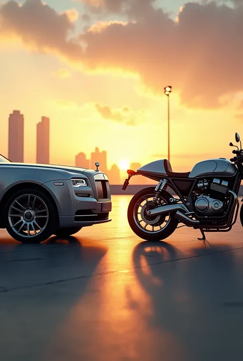 A luxurious Rolls-Royce car and a sleek, high-performance motorcycle are positioned facing each other on a smooth, reflective tarmac under a dramatic sunset sky. The Rolls-Royce, with its iconic grille and Spirit of Ecstasy hood ornament, exudes elegance, ...