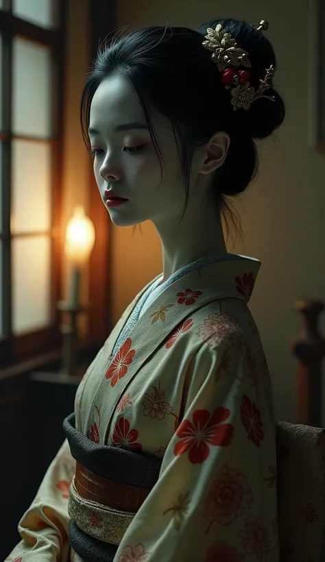  wears a gorgeous floral kimono that realistically depicts a potters wheel 。 and highlights the creepiness and enchanting atmosphere of her extended neck。She has white, smooth skin 、 The background is a room in a dim Japanese-style inn 、 curves like a snak...