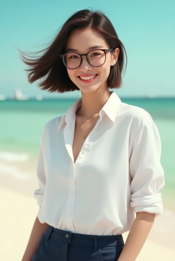 white western woman,wear glasses,bob hair,1 people, full body composition ,Idol, shiny skin ,detailed skin, super real human face ,age20, in white dress shirt and navy blue pants, on the summer beach , extremely detailed body , hair shaking in the wind ,Sh...