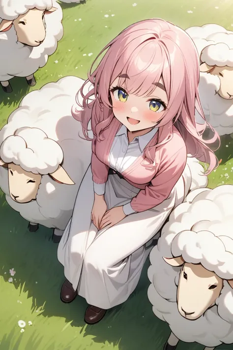 masterpiece,  best quality, 8k,,  Vivid , woman, 若いwoman, smile, cute, angle,  open your mouth,  long hair is fluffy,  sheepの毛のような髪,  Pink Hair,  thick eyebrows,  dress,  pink clothes ,  long skirt,  Cardigans , 水色の Cardigans , Brown shoes, ((sheep, Big fl...