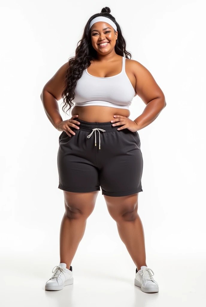 A cheerful, full body shoot of an asian expressive plus-size woman wearing sporty gym outfit with headband and white sneakers, striking a cool and confident, pose against a clean, isolated background. The setting is brightly lit with soft, natural lighting...