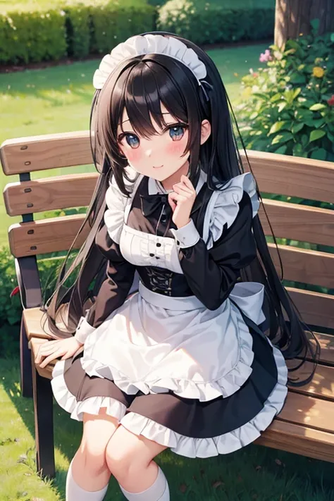  super high image quality 、 Hi-Res、anime、 Beautiful Girl、 one girl 、Maid、
 long black hair 、blush、anxiety、bench、sit