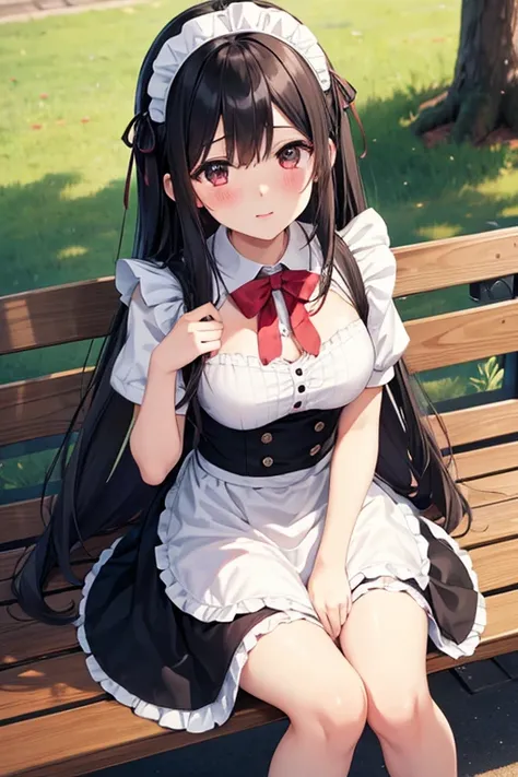  super high image quality 、 Hi-Res、anime、 Beautiful Girl、 one girl 、Maid、
 long black hair 、blush、anxiety、bench、sit