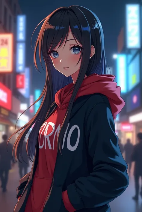 Create a character anime, {background: capital text “PORNO”, night city}, tanned skin,
realistic, HDR, beautiful, japan style, full body, use piastol, age 20, hoodie HD text: “Michael”, female, long hair