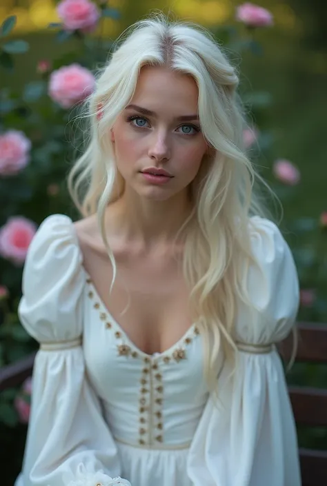  a very young woman who looks like Lily-Rose Melody Depp ,  purple eyes, Elfenohren, Platinum blonde slightly wavy hair that falls well over her back,  she is wearing a white medieval dress with a deep neckline ,  wide sleeves and embroidery , Moonlight an...