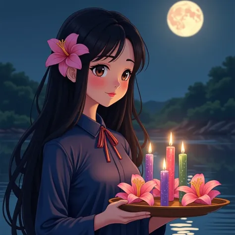 Wan Loi Krathong is a beautiful looking Thai girl with long hair , Black hair, Hair flower,Holding a tray with several pink lilies, purple and green with dotted candles, put on a long-sleeved, dark blue shirt with a neat bow. The dark sky has a full moon.