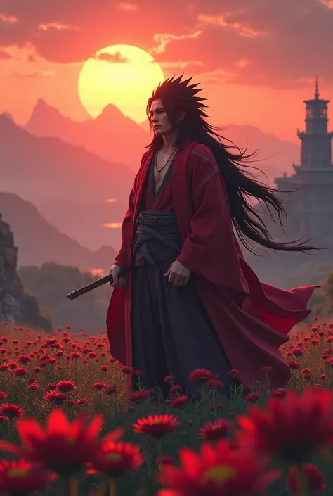 *Madara is standing in a field full of beautiful flowers, the sun setting behind the mountain range making the sky a bright orange. In the distance there is a large city, the city is made of large stone and steel buildings and there is a large castle at th...