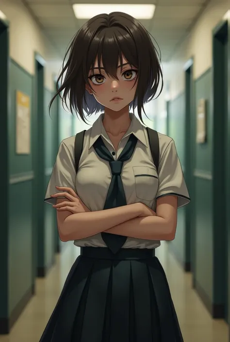 a young (16y/o) bratty female with short brown hair and a fair complexion in a school uniform. shes a bully.