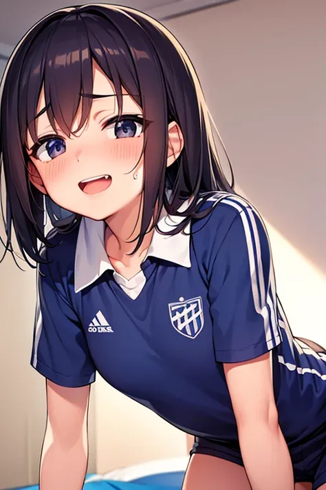 Im wearing a ( soccer jerseys)Wearing、Cute small breasted junior high school girl、Sweaty and happy expression、Lying on the bed、 low angle、The uniform has an embroidered logo、indoor、Nipples under clothes、The action of grabbing the chest area of one&#39;s cl...