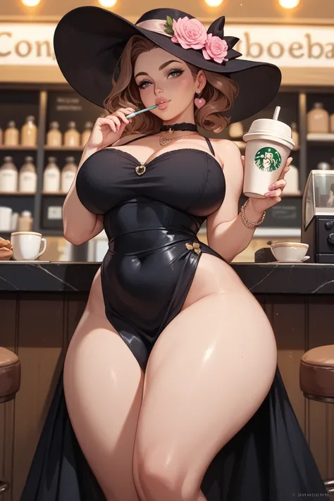 *a female mobster she has an elegant black dress and a large black hat with a bow and a pink flower her hair is brown and her eyes are brown she has wide hips and big thighs she is drinking coffee in a coffee shop*