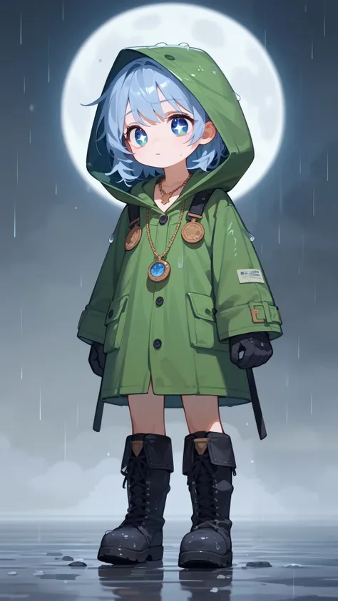 Fraction_9,Fraction_8_up,Fraction_7_up,masterpiece, 1 Girl， is the best quality,  high resolution ,  super detailed，Starry Eyes，close up，A pure girl in an unfitting green hooded raincoat wears a moon necklace,Meniscus necklace ，  unfit rain boots，Overcast ...