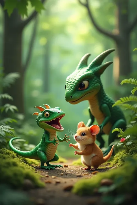 A green anolis plays toy dinosaur with a hamster and a xenomorph in the forest