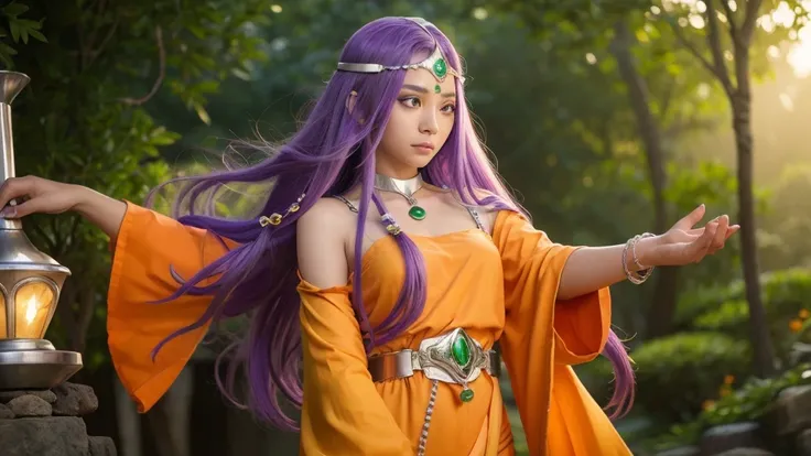 「「 a mysterious female character 、 has long purple hair and a calm expression 。 has a silver headband with jewels on her forehead 、 and has green gemstone decorations on her neck and waist 。 wears orange and yellow robes 、 has shining crystal balls in her ...