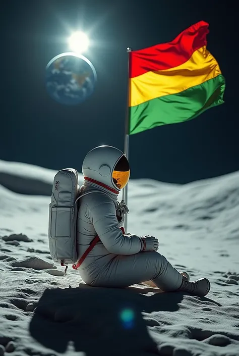 Astraunaute assis sur la lune observant le soleil avec son drapeau vert rouge jaune hisse sur la lune derrière lui